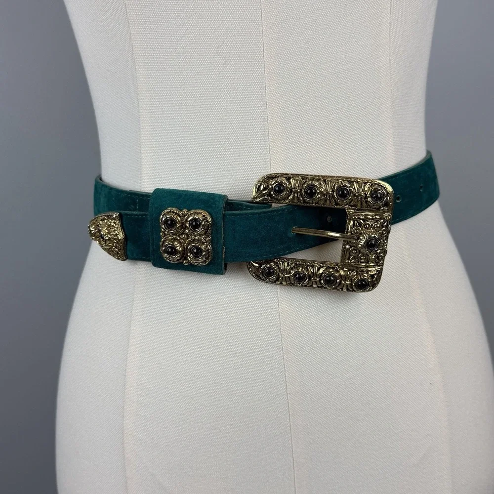 Kandell & Marcus Green Leather Belt Gold Tone Buckle Size Small USA Vtg